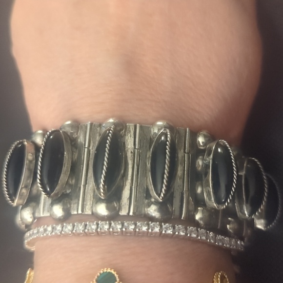 CHUNKY Vintage Mexican Sterling & Onyx Bracelet 1940s Brutalist - Picture 12 of 12